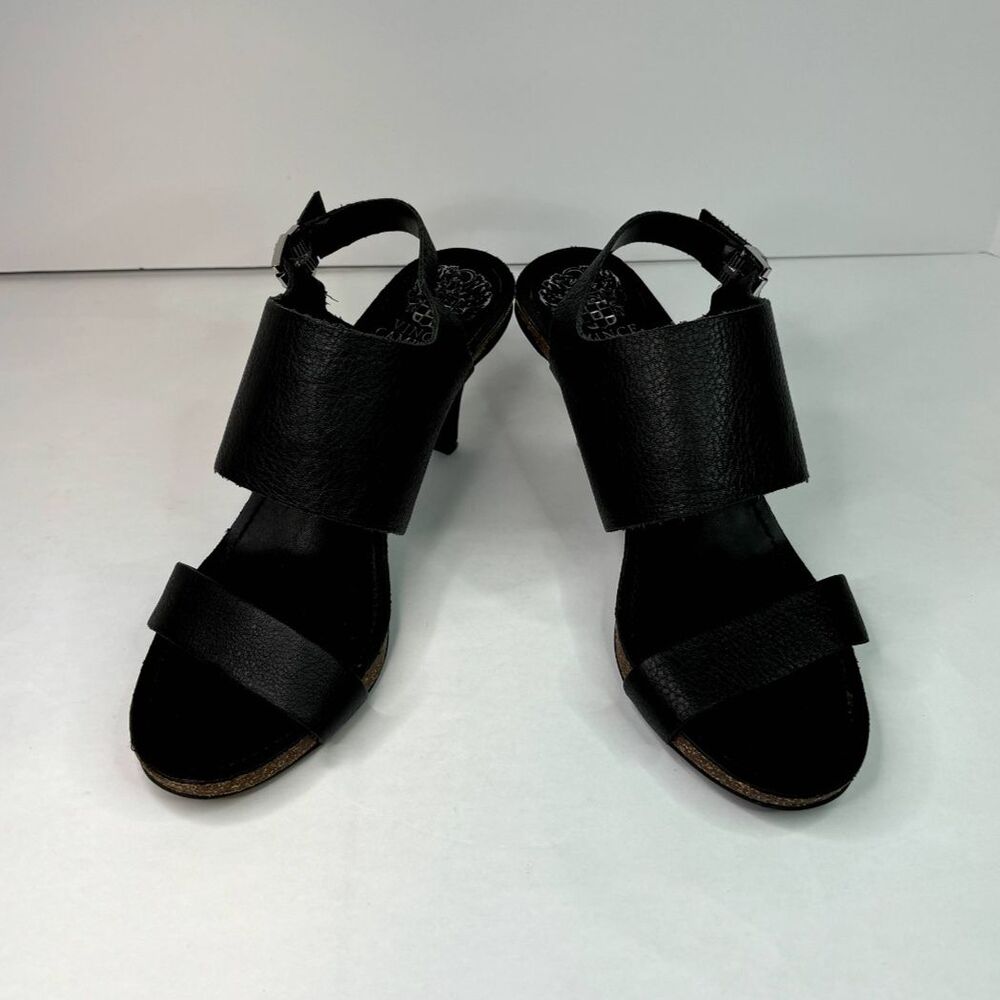 Vince Camuto Black Leather Strap Slingback Kitten Heels Sandals Womens Designer - Picture 2 of 11